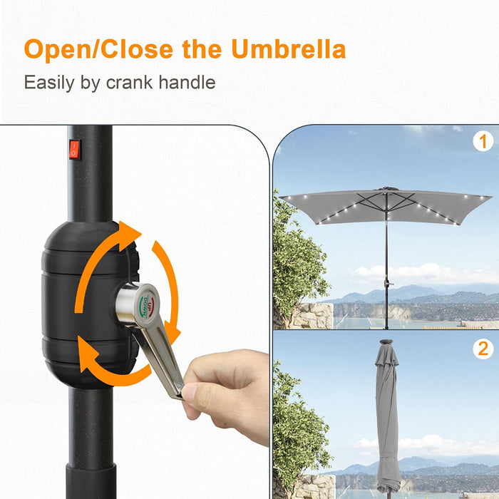 Rectangle Patio Umbrella with Solar Lights, 6X9Ft Outdoor Rectangular Table Market Umbrella Patio with Push Button Tilt and Crank for Pool, Deck, Garden,Backyard