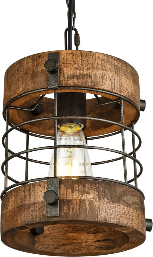 Retro Industrial Metal and Wood Chandelier 1-Light round Cage Pendant Light Fixture for Kitchen Island Foyer Hallway Bar Dining Room Restaurant, D 7.9" X H 8.7" (Brown)