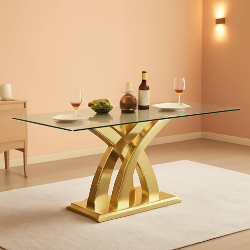 70" Gold Tempered Glass Dining Table, Modern Glass Kitchen Table Dining with Tempered Glass Tabletop and Unique Stainless Steel Pedestal, Modern Kitchen Dining Room Table for 8