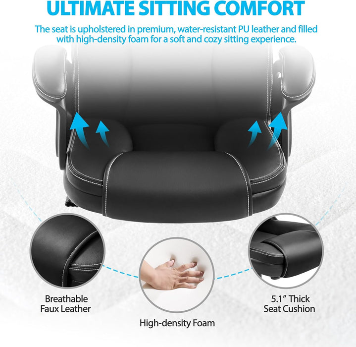 High Back Executive Chair Faux Leather Managerial Chair Ergonomic Task Chair Computer Meeting Chair Large Seat Swivel Chair, Sturdy Metal Base, Black