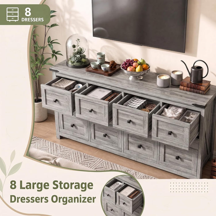 59" Wide Dresser for Bedroom with 8 Drawers, Farmhouse Wood Grey