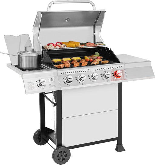 GA5401T 5-Burner Propane Gas Grill with Sear Burner and Side Burner, Stainless Steel BBQ Grill with 632 Sq. In. Grilling Area for Outdoor Barbecue Cooking, 64,000 Btus, Silver