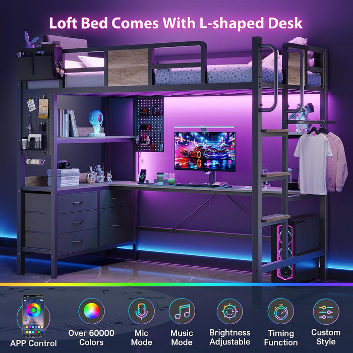 Twin Loft Bed with Desk and 5 Storage Drawers,Loft Bed Twin Size with LED Lights and Charging Station, Metal Bunk Bed Frame with Ladder, Clothes Rail,Noise Free,Oak Gray