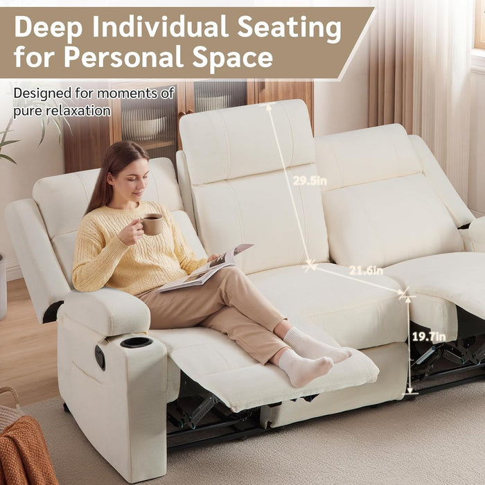 Manual Reclining Sofa, Space-Saving Reclining Couch with Convertible Table & Cup Holders & Storage Pockets, Compact 3-Seater Recliner Couch for Living Room, Home Theater & Apartment (Beige)