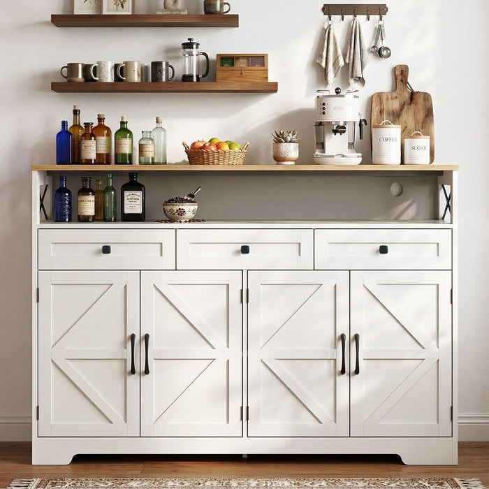 Sideboard Buffet Cabinet with Storage, 55" Kitchen Buffet Cabinet with Charging Station, Farmhouse Coffee Bar Station with Drawers and Doors, Credenza for Kitchen Living Room Entryway, White