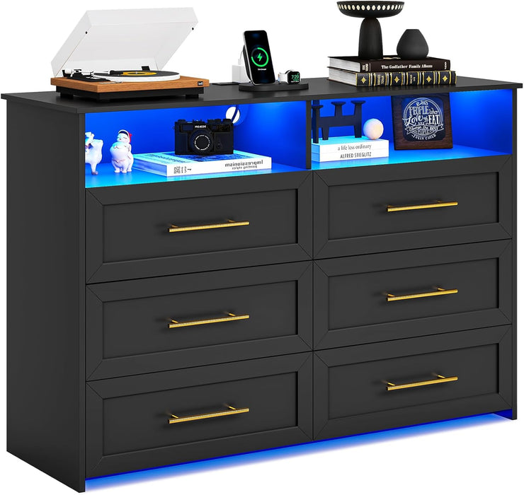 Black Six Drawer Dresser With LEDIlluminationTechnology