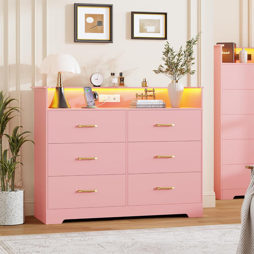 6 Drawer Dresser for Bedroom - 47.2” Wide Double Chest of Drawers with LED Light and Charging Station, Modern Large TV Stand Cabinet Organizer with Open Shelf for Living Room, Entryway, Hallway, Pink