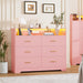 6 Drawer Dresser for Bedroom - 47.2” Wide Double Chest of Drawers with LED Light and Charging Station, Modern Large TV Stand Cabinet Organizer with Open Shelf for Living Room, Entryway, Hallway, Pink