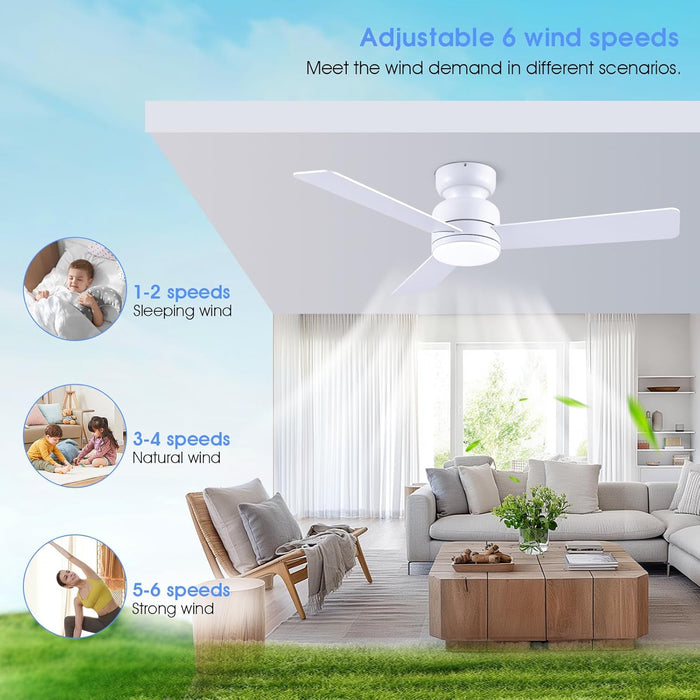 46 Inch Ceiling Fans with Lights and Remote/App Control, Low Profile Ceiling Fan with Light, Flush Mount, 3CCT, 3 Reversible Blades 6 Speeds Modern Ceiling Fan for Bedroom Living Room, White