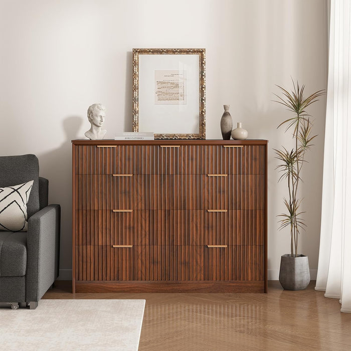 Fluted Tall Dresser for Bedroom, 9 Drawer Chest of Drawers,Walnut