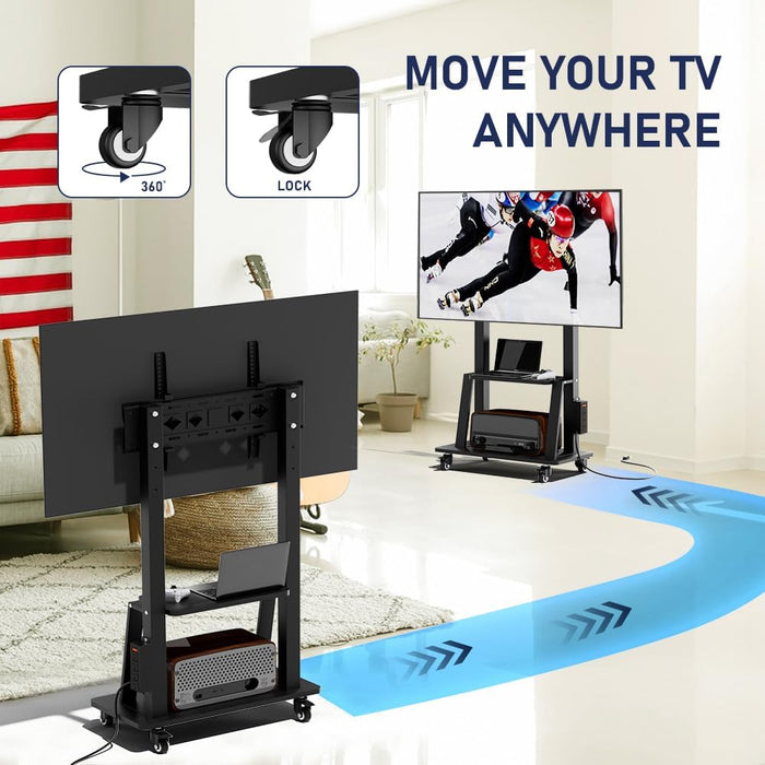 Mobile TV Cart with Power Outlet, Rolling TV Stand on Wheels for 32-75 Inch Television, Mobile TV Stand Height Adjustable,15° Adjustable Viewing Angle,Max 130LBS, Vesa Max 600×400