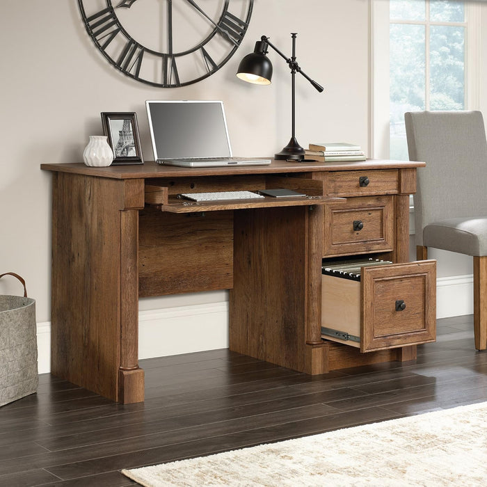 Palladia Computer Desk with Drawers, Home Office Desk with File Cabinet Storage Drawer, Cable Management, Keyboard Tray, in Vintage Oak Finish