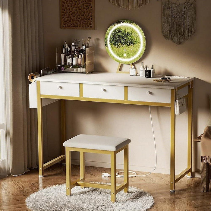 White and Gold Makeup Vanity Desk with Mirror and Lights Big Vanitys Set with Chair, Drawers and Power Outlet, Dressing Table Vanities for Girls Bedroom 47“