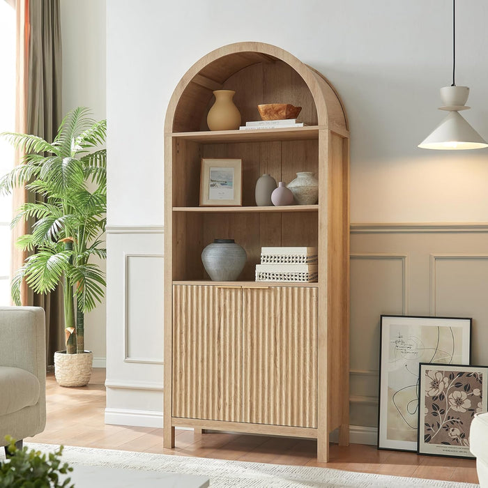 Arched Cabinet Bookshelf Bookcase - 71” Tall Mid Century Arched Display Cabinets, Rounded Bookshelf with Fluted Doors, Open Shelf Storage Cabinet for Dining Room (Natural)