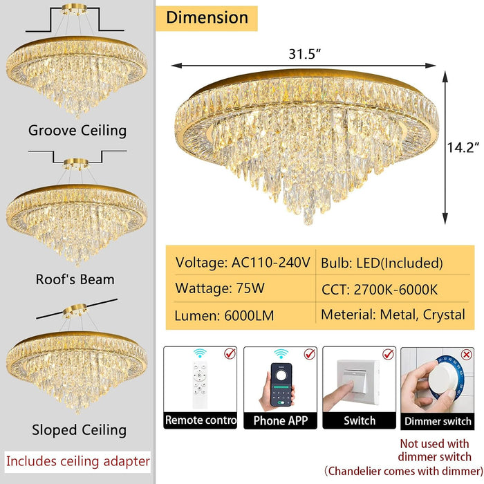 LED Crystal Chandelier With Remote Dimmable Lighting