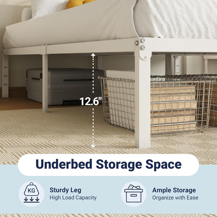 Full Size Bed Frame, 14 Inch Metal Beds with Storage Space, White