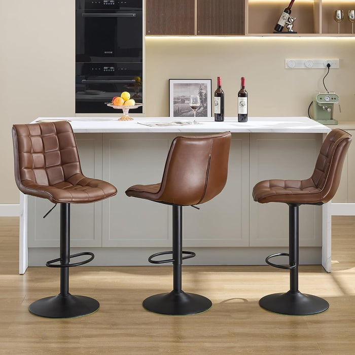 Counter Height Bar Stools, Swivel Barstools Set of 3 with Backs, Modern Brown Bar Chairs for Kitchen Island, Adjustable Height 24"-33", Faux Leather Kitchen Bar Stools (Brown, 3PCS)