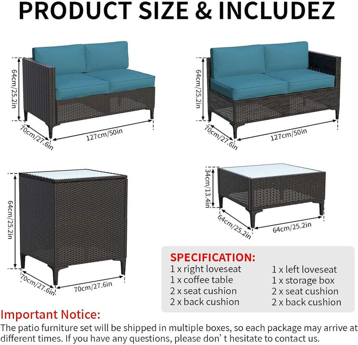 4-Piece Rattan Patio Furniture Set, Waterproof Wicker Outdoor Sectional Sofa with Thick Cushions, All-Weather PE Rattan Conversation Set for Porch, Poolside (Peacock Blue, Black Rattan)