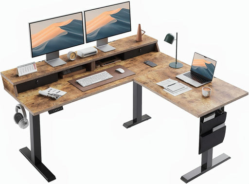 L Shaped Electric Standing Desk, 63" Ergonomic Corner Height Adjustable Desk with Drawers, Sit Stand Computer Table with Storage for Work Office Home, Vintage Brown
