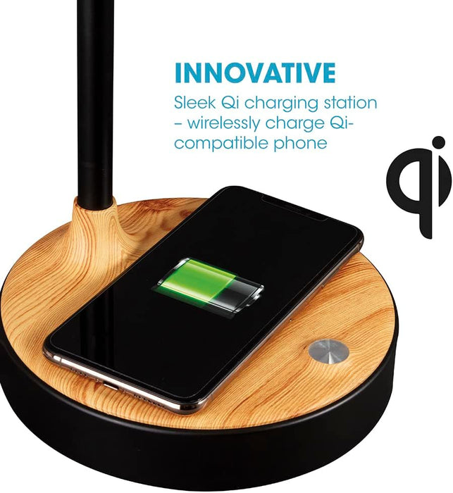 Wellness Series Wireless Charging LED Table Lamp, LED Desk Lamp and Book Light, Reading Light, Great Desk Lights for Home Office, Black with Woodgrain Accents