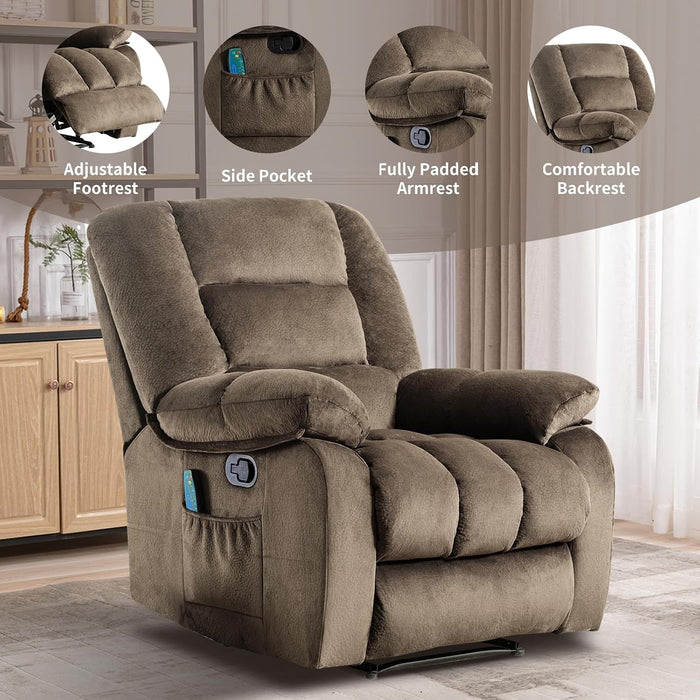 Manual Recliner Chair with Timer Heating and Massage, Ergonomic Overstuffed Breathable Fabric Reclining Chair, Single Sofa with Side Pockets for Living Room Home Theater(Tan)