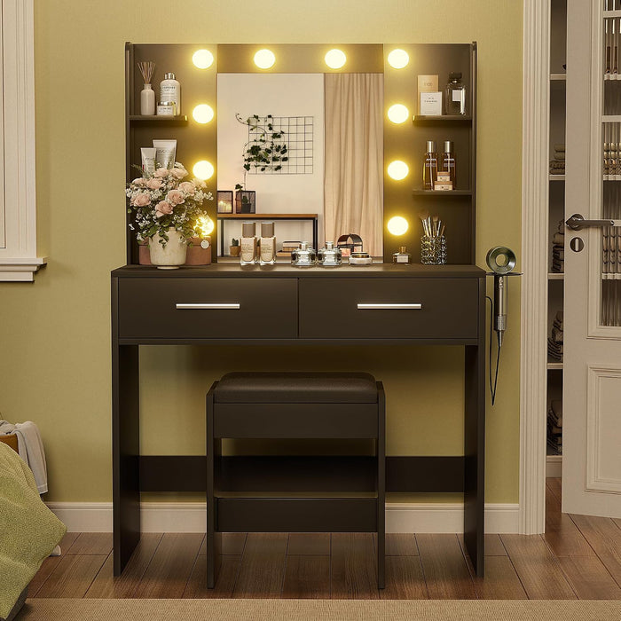 Vanity Desk With Extended Mirror Black PowerOutlet