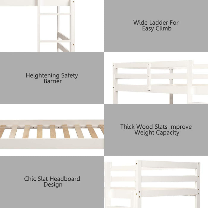 Twin over Twin Bunk Beds, Wood Convertible Two Beds, Solid Rubberwood Bunk Bed with 1 Pcs Built-In Ladder and Safety Rails, No Box Spring Needed, Space Saving Bed Frame for Bedroom (White)
