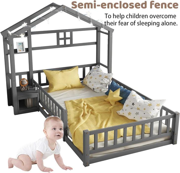 Twin House Bed With Fence Railings GrayFinishPineWood