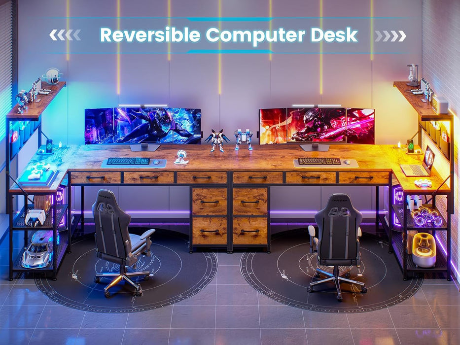 L Shaped Desk with Drawers and Hutch, 47.2" Reversible Office Computer Desk with 5 Fabric Drawers, L Shaped Desk with Storage Shelves, Power Outlet and LED Lights for Home Office, Rustic Brown