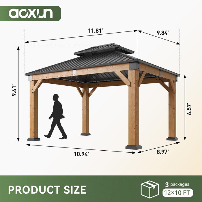 10' X 12' Outdoor Wood Gazebo, Hardtop Gazebo Permanent Wooden Pavilion with Galvanized Steel Double Roof, for Patio, Garden, Deck, Cedar Wood, Natural
