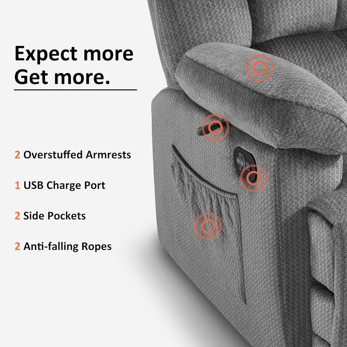 Zero Gravity Power Recliner Sofa with Drop down Table, Heat and Vibration Massage, 3 Seater Dual Reclining Couch with USB Ports, Cup Holders for Living Room, Fabric RS6236 (Grey)