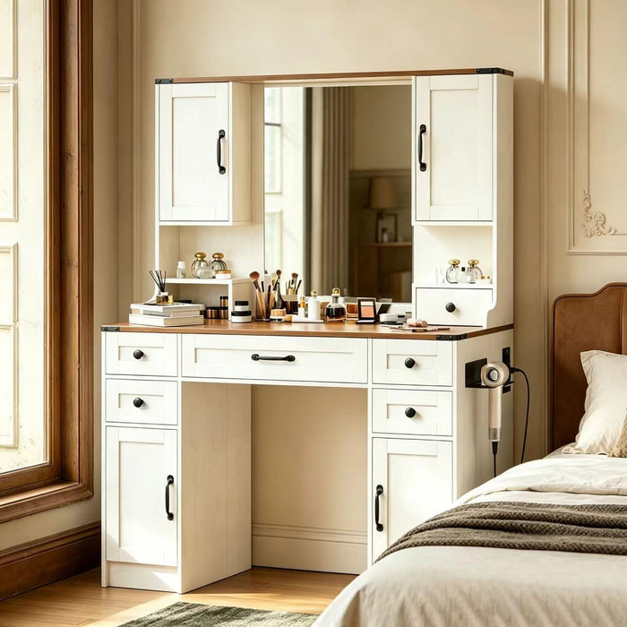 Brown Vanity Desk With BuiltInLED Lighting Mirror