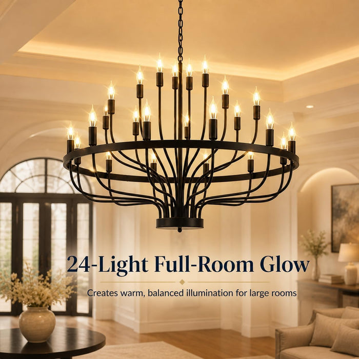 Large Black Chandelier 24-Light, round 39 in Wagon Wheel Light | 3-Tier Farmhouse Candle Pendant with E12 Base for Dining Room, Foyer, Living Room, Hallway, High Ceiling