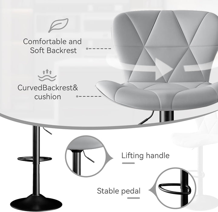 Bar Stools Set of 2,Counter Height Barstools with Backs Faux Leather Kitchen Island Bar Chair, Light Grey