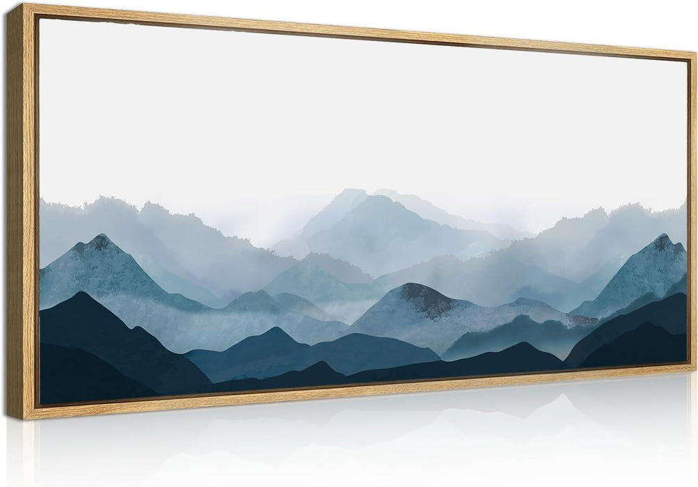 Blue Framed Mountain Landscape Wall Art Fog Mountain Painting Wall Decor Minimalist Blue Artwork Blue Mountains Wall Paintings Simple Landscape Wall Pictures for Bedroom Living Room Office Home Decor 20X40 Inch