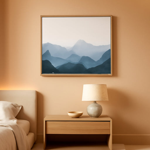 Blue Framed Mountain Landscape Wall Art Fog Mountain Painting Wall Decor Minimalist Blue Artwork Blue Mountains Wall Paintings Simple Landscape Wall Pictures for Bedroom Living Room Office Home Decor 20X40 Inch