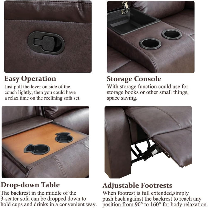 3PCS Recliner Sofa Set Vegan Leather Reclining Couch Set  Living Room Furniture Sets Manual Reclining Sofa Set with Cup Holders/Storage Console/Flip down Table for Home/Office (Brown, 3PCS Set)