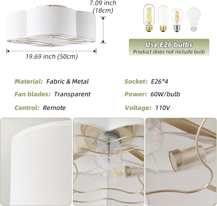 Caged Ceiling Fan with Light, Rattan Flush Mount Ceiling Fans with Lights Remote Control, Low Profile Fabric Enclosed with 6 Speeds for Bedroom, Living Room, Foyer, Nursery (White)