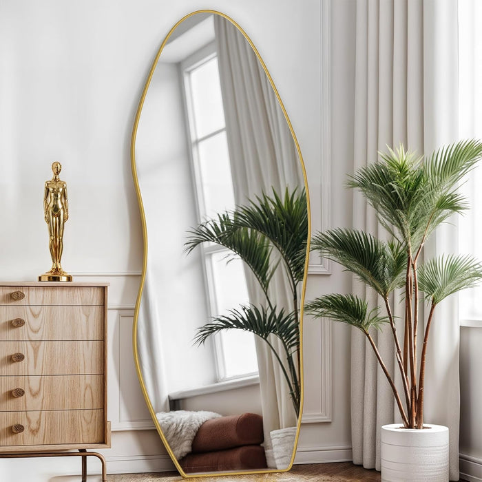 Full Length Mirror, 68"X26" Floor Mirror with Stand, Standing Hanging Leaning Irregular Mirrors for Bedroom Living Room Entryway, Wavy Shaped, Golden