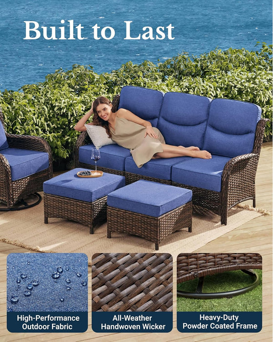 Luxury Outdoor 5-Pieces High Back Patio Furniture Set with 6'' Thick Cushions, 3-Seater Sofa with Swivel Rocker Chairs and Ottomans, Ideal for Porch, Poolside, Deck, and Yard (Blue)