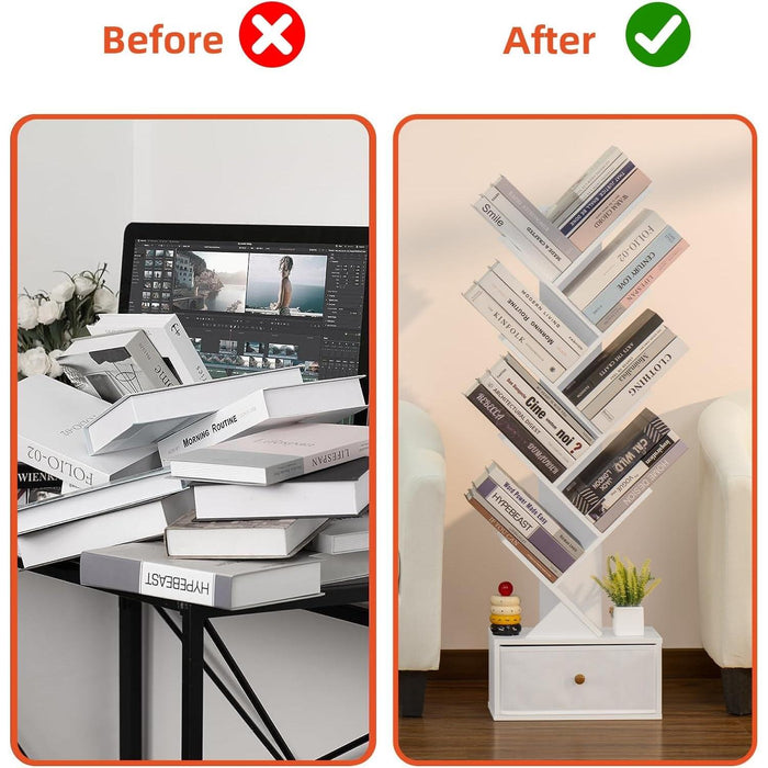 8 Tier Tree Bookshelf with Drawer, Free Standing Wood Bookcase for Living Room, Bedroom, Home Office, Space Saving Storage Organizer Bookshelves for Books, Cds, Vinyl Records- White