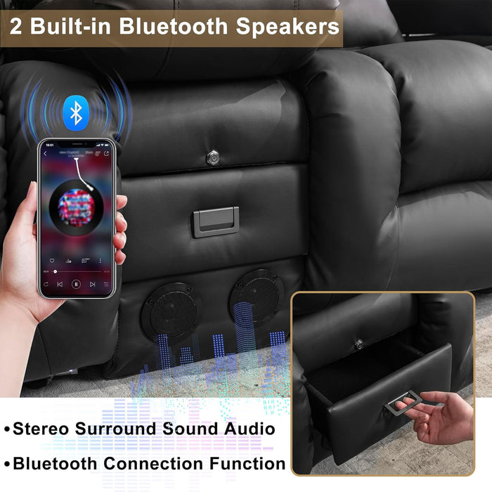 Loveseat Recliner Sofa with Massage and Heat, Power Reclining Loveseat Sofa RV Couch with Console, Home Theater Seating with LED Lights, Bluetooth Speakers, USB, Outlets, Faux Leather, Black
