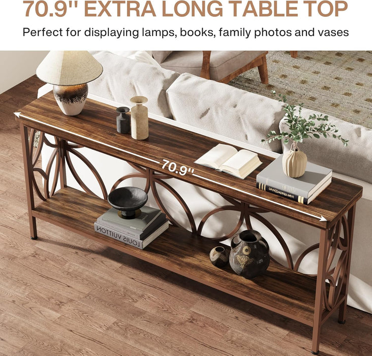 70.9-Inch Narrow Sofa Table, Industrial Long Sofa Table behind Couch, Entry Console Table with Storage for Entryway, Living Room, Foyer, Unique Design, Brown Glossy