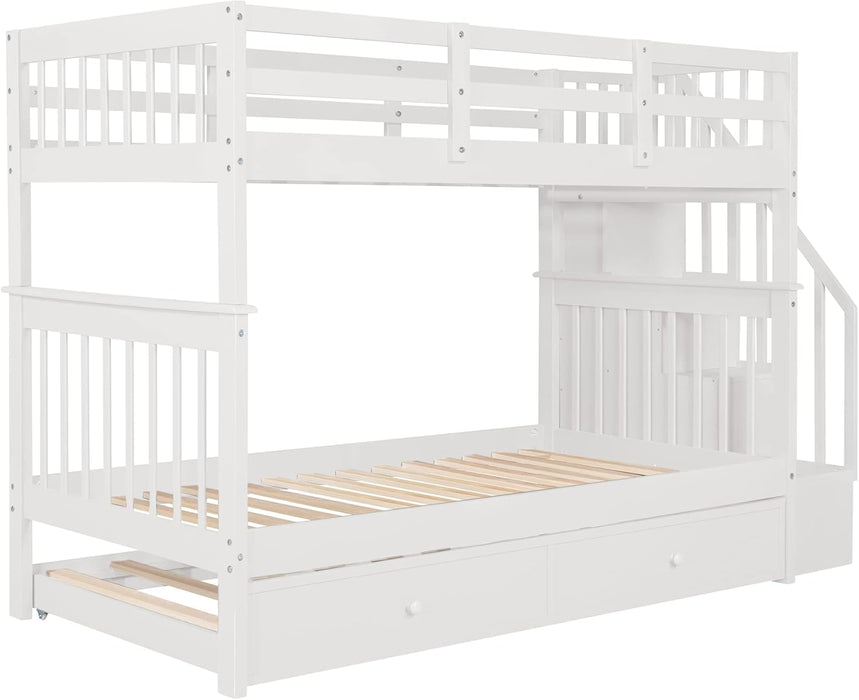 Twin over Twin Bunk Bed with Stairs and Trundle, Solid Wood Stairway Bunk Bed Frame with Storage, for Kids Teens Adults – White