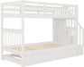 Twin over Twin Bunk Bed with Stairs and Trundle, Solid Wood Stairway Bunk Bed Frame with Storage, for Kids Teens Adults – White