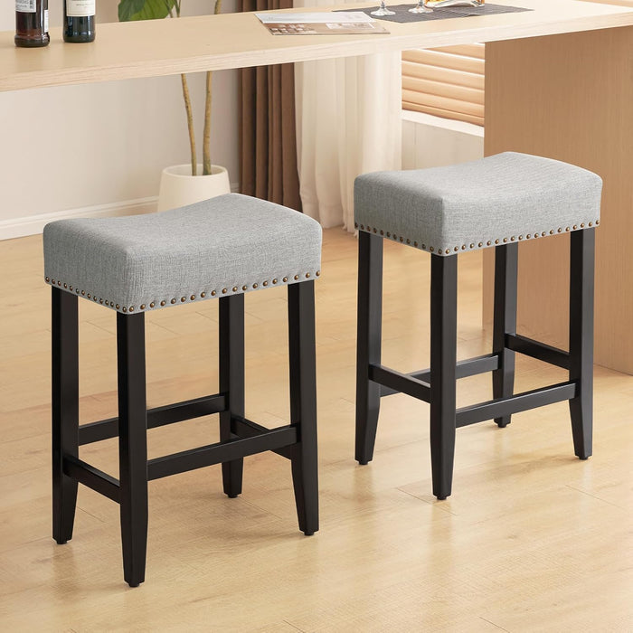 Bar Stools Set of 2,25.7 Inch Counter Height Bar Stools,Upholstered Kitchen Barstools with Solid Wooden Legs, Linen Saddle Stools for Kitchen Island, Bar, Cafe, Grey