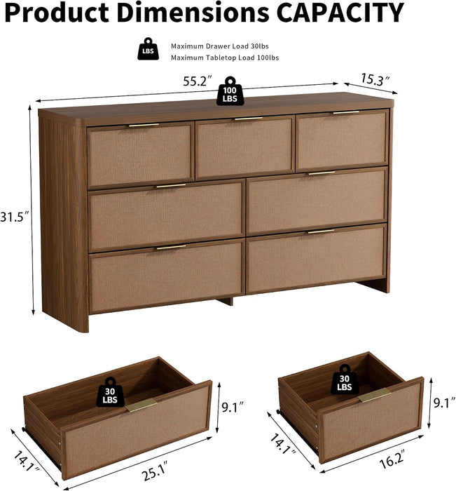 Rattan 7 Drawer Dresser for Bedroom,55" Wide,Walnut,Modern Chest of Drawers with 7 Large Storage Space and Curved Edge Design, 7 Drawer Large Dresser for Bedroom