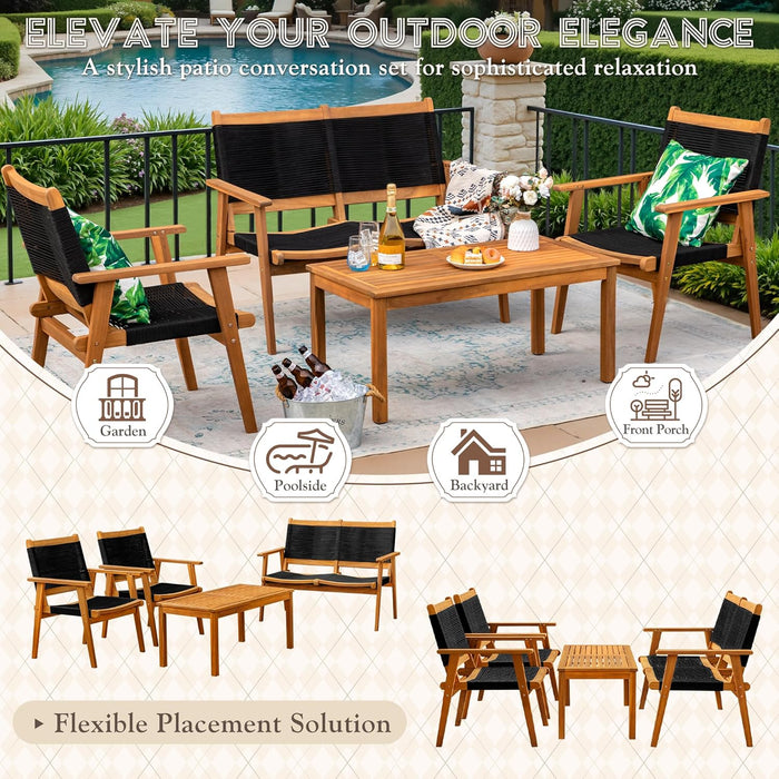 4 Pieces Acacia Wood Patio Conversation Sets, Patio Furniture Set with Hand Woven Rope Seats and Back, Outdoor Chair and Table Set for 4 for Balcony, Backyard, Deck, Poolside
