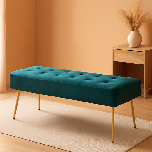 Modern Velvet Bench Ottoman, Upholstered Bedroom Benches Footrest Stool Button-Tufted Table Bench Dining Bench with Gold Metal Base for Entryway Dining Room Living Room Bedroom, Atrovirens