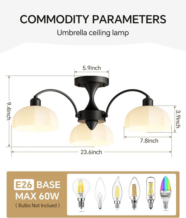 Milk Glass Chandelier Farmhouse Rustic Semi Flush Mount Ceiling Lamp Frosted White Globe Pendant Light Mid Century Modern Wood Grain Chandelier Sputnik Ceiling Light (3- Light- Black)